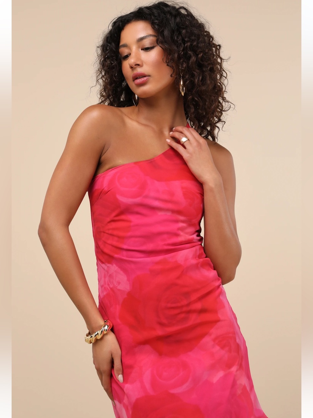 Lulus Pretty Serene Floral One Shoulder Asymmetrical Midi Dress NWT Medium Pink - Picture 3 of 10